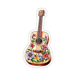 Strumming Vibes, Acoustic Guitar with Colorful Flowers Sticker, Perfect for Musicians and Boho Decor