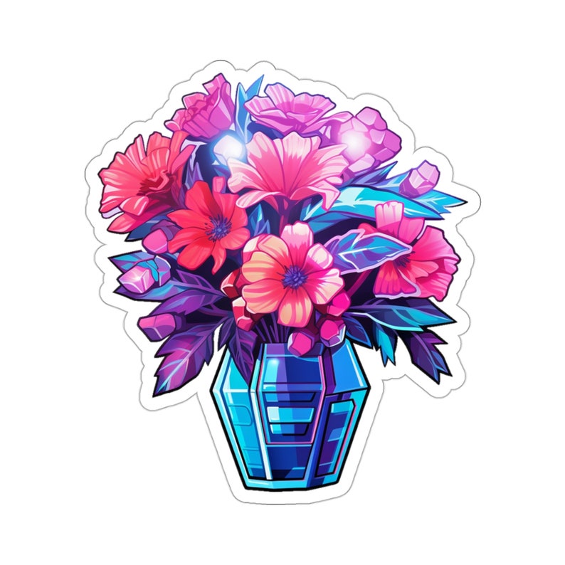 Cyber Blooms | Retrowave Cyber Flower Bouquet Sticker | Neon Nostalgia | Vibrant Vinyl | Indoor Use image 1