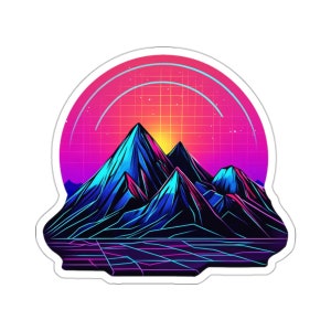 Retro Synthwave Mountain Sticker, 80s Style Neon Grid Pattern, Vibrant Cyberpunk Aesthetic