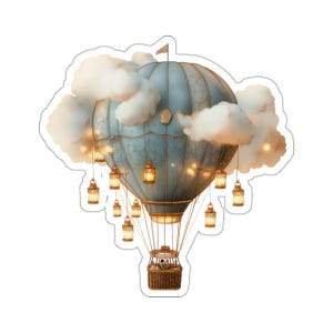 May include: A blue hot air balloon with a basket and string lights, surrounded by white clouds. The balloon is decorated with a map-like pattern.
