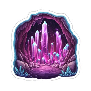 May include: A cave filled with glowing pink and blue crystals. The crystals are arranged in a cluster, with some reaching up towards the ceiling. The cave is dark, but the crystals illuminate the space with a soft, ethereal light.