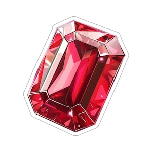 May include: A rectangular, faceted red gemstone sticker with a white border. The design features deep crimson and bright scarlet tones with sharp geometric cuts that create light reflections and highlights across the surface of the jewel.