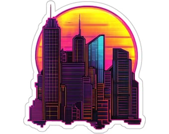 Neon City Sunset, Retro-Futuristic Skyline Sticker, Vaporwave and Synthwave Inspired
