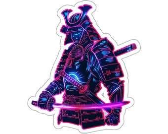Neon Cyber Samurai Sticker: Retrowave Laptop Decal