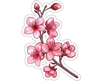 May include: A branch of pink cherry blossoms with delicate petals and a light green stem. The flowers are in various stages of bloom, with some fully open and others still in bud.