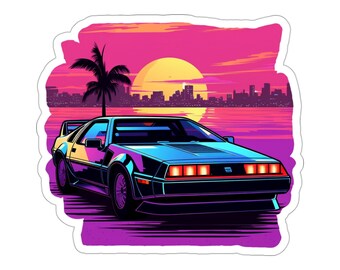 Ride the Retro Wave | Synthwave Car Sticker | 80s Iconic Vehicle | Sunset Cityscape | Palm Tree Decal