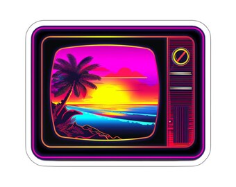 Retro TV Vibes, Vintage-style Synthwave Television, Neon Sunset & Palm Tree Sticker