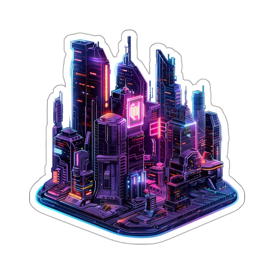 Neon Metropolis, Cyberpunk Cityscape Sticker, Isometric View, Retrowave ...