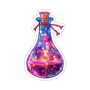 May include: A glass potion bottle sticker featuring a vibrant galaxy design with swirling shades of purple, blue, and pink. The bottle is filled with sparkling stars and light, sealed with a cork stopper tied with a thin red string.