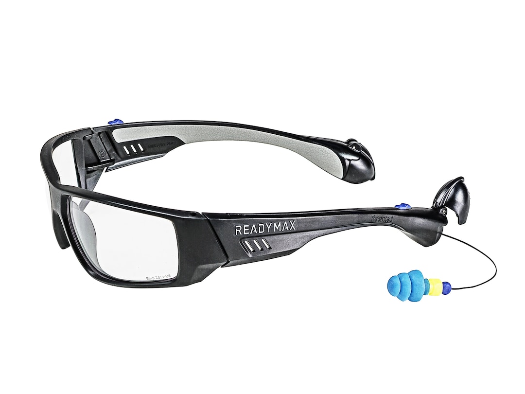 Safety Glasses With Attached Hearing Protection Black Framed Clear