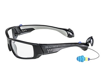 Safety Glasses with Attached Hearing Protection Black Framed Clear & Tinted Lenses Replaceable Ear Plugs with Retractable Storage System