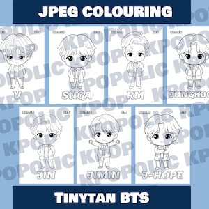 May include: A set of seven TinyTan BTS colouring pages. Each page features a cartoon illustration of a member, labelled with their name: V, Suga, RM, Jungkook, Jin, Jimin, and J-Hope. The text "JPEG COLOURING" is at the top.