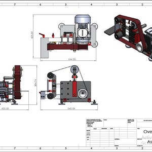 Puede incluir: Dibujo técnico de una lijadora de banda, que muestra múltiples vistas con dimensiones en milímetros. El diseño presenta una combinación de colores rojo y gris, con un motor y un conjunto de banda de lijado. Dimensiones generales etiquetadas.