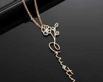 Cadeau de naissance pour maman, collier personnalisé avec fleur de naissance et nom délicat, bijoux personnalisés pour femme, cadeau de Noël