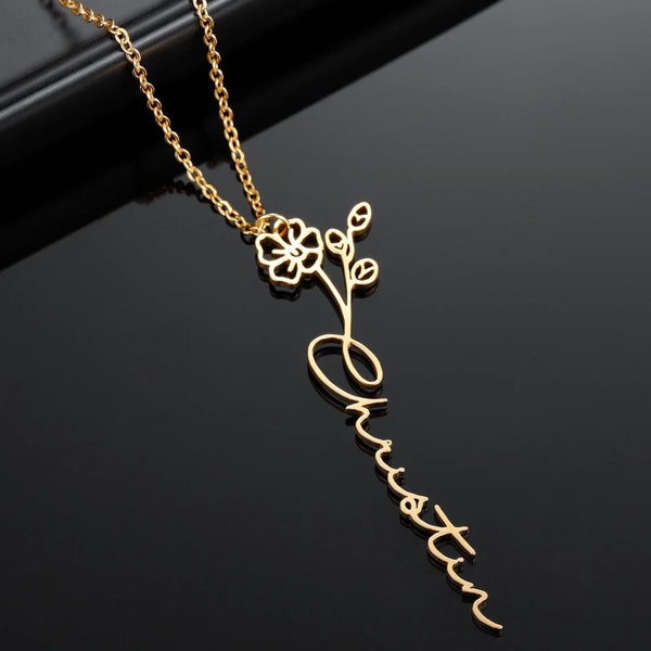 Cadeau de naissance pour maman, collier personnalisé avec fleur de naissance et nom délicat, bijoux personnalisés pour femme, cadeau de Noël