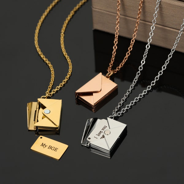 Collier enveloppe avec message secret, pendentif médaillon enveloppe message personnalisé, collier couple, collier de lettre, cadeau noël