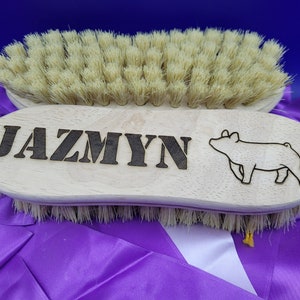 May include: A wooden brush with a pig silhouette and the name "Jazmyn" engraved on it. The brush has natural bristles and is designed for grooming animals.
