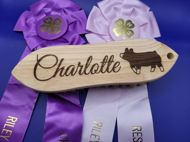 May include: A wooden pig grooming brush with the name "Charlotte" engraved on it. The brush is surrounded by two purple and white ribbons with gold lettering.