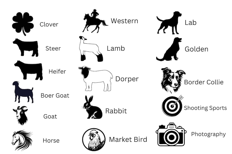 May include: Black and white illustrations of various animals and objects, including a clover, steer, heifer, lamb, dorper, goat, boer goat, rabbit, horse, market bird, western rider, lab, golden retriever, border collie, shooting target, and a camera. The words "Clover", "Steer", "Heifer", "Lamb", "Dorper", "Boer Goat", "Goat", "Rabbit", "Horse", "Market Bird", "Western", "Lab", "Golden", "Border Collie", "Shooting Sports", and "Photography" are written below each image.