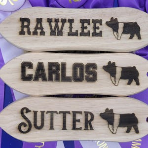 May include: Three wooden plaques with the names "Rawlee", "Carlos", and "Sutter" engraved on them. Each plaque features a black and white pig illustration.