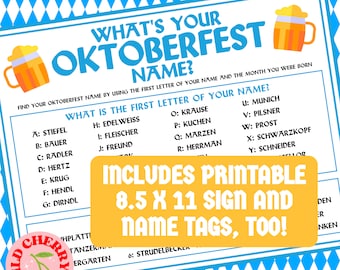 Oktoberfestspel | Spel What's Your Oktoberfest-naam | Oktoberfest-feestspel voor volwassenen | Naamspel Oktoberfest | Bierfestivalspel | Afdrukbaar