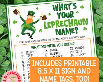 May include: A printable St. Patrick's Day game with a green leprechaun holding a beer mug. The game asks "What's Your Leprechaun Name?" and includes a list of names based on the day and month you were born. The game also includes a printable 8.5 x 11 sign and name tags.