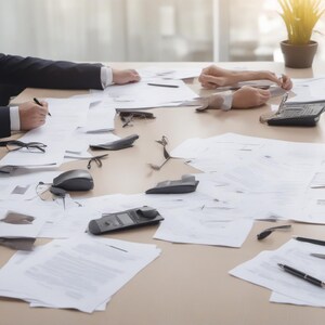 May include: A large conference table covered in scattered white documents, multiple black pens, several pairs of eyeglasses, a black computer mouse, a black calculator, and a laptop keyboard, with a potted green plant in the background.