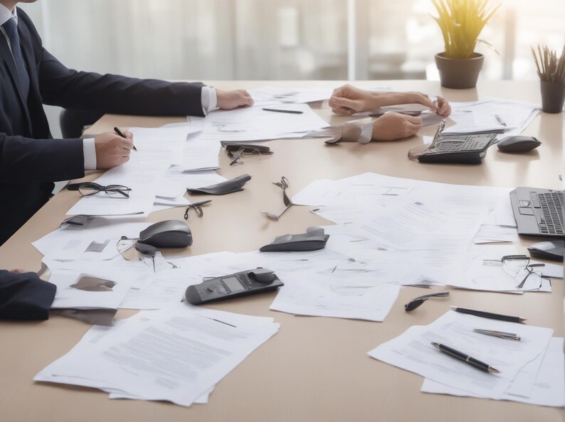 May include: A large conference table covered in scattered white documents, multiple black pens, several pairs of eyeglasses, a black computer mouse, a black calculator, and a laptop keyboard, with a potted green plant in the background.