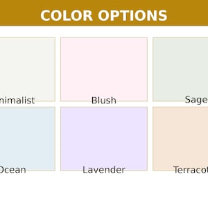 Puede incluir: Una tabla de colores titulada COLOR OPTIONS con seis muestras rectangulares etiquetadas como Minimalist, Blush, Sage, Ocean, Lavender y Terracotta. Las muestras muestran tonos de blanco roto, rosa claro, verde p&aacute;lido, azul claro, lila y melocot&oacute;n.