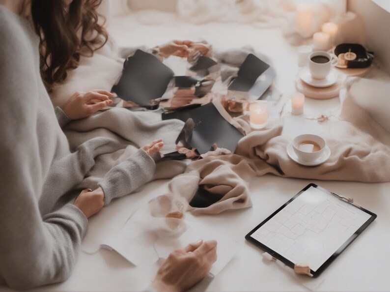 May include: A gray sweater and beige fabric draped over a surface with scattered dark paper fragments, two white ceramic cups on saucers, small lit candles, and a black clipboard holding a white sheet of paper with a faint grid pattern.
