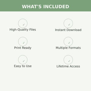 May include: An informational graphic with a sage green header reading WHAT'S INCLUDED. Below are six circular icons with checkmarks, labeled High-Quality Files, Instant Download, Print Ready, Multiple Formats, Easy to Use, and Lifetime Access.