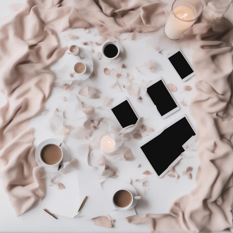 May include: A flat lay arrangement featuring three white coffee cups with brown liquid, three black-screen smartphones, a tablet with a black screen, two lit candles in glass holders, and scattered light pink flower petals on a white surface.