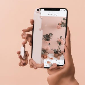 Puede incluir: Un teléfono inteligente que muestra una pantalla con el texto "Noue Mourel Prue" y una imagen de plantas en macetas. El dispositivo está dentro de una funda protectora texturizada de color claro que parece estar parcialmente desprendida.