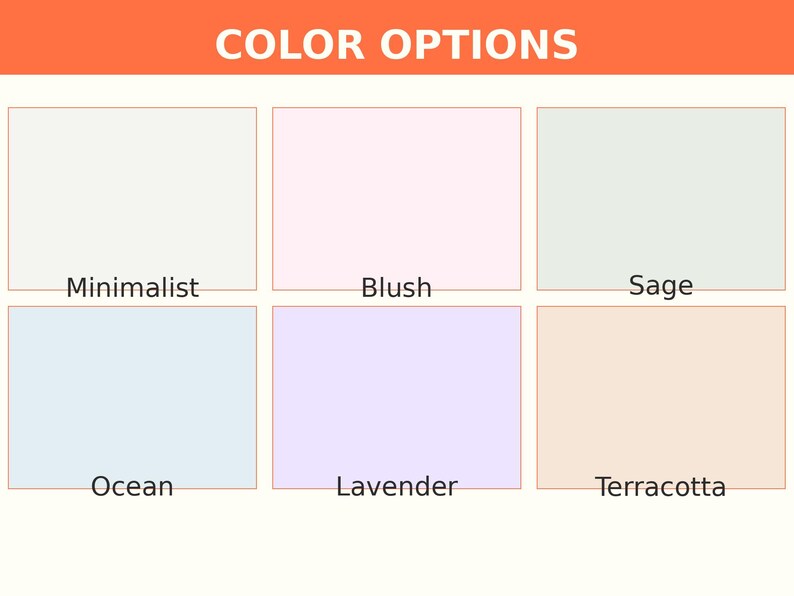 K&ouml;nnte beinhalten: Eine Farbkarte mit sechs rechteckigen Farbfeldern, beschriftet mit Minimalist, Blush, Sage, Ocean, Lavender und Terracotta. Die &Uuml;berschrift lautet COLOR OPTIONS in Wei&szlig; auf orangefarbenem Hintergrund. Jedes Feld zeigt eine eigene Farbe.