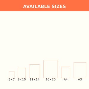 K&ouml;nnte beinhalten: Eine Grafik mit der &Uuml;berschrift AVAILABLE SIZES in wei&szlig;em Text auf orangefarbenem Hintergrund. Darunter befinden sich sechs rechteckige Umrisse f&uuml;r verschiedene Druckgr&ouml;&szlig;en, beschriftet mit 5x7, 8x10, 11x14, 16x20, A4 und A3. Der Hintergrund ist cremefarben.