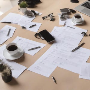 May include: A cluttered desk surface featuring multiple white documents with printed text, two white ceramic coffee cups filled with dark liquid, a black smartphone, a silver laptop, black-rimmed eyeglasses, several pens, and small potted plants.