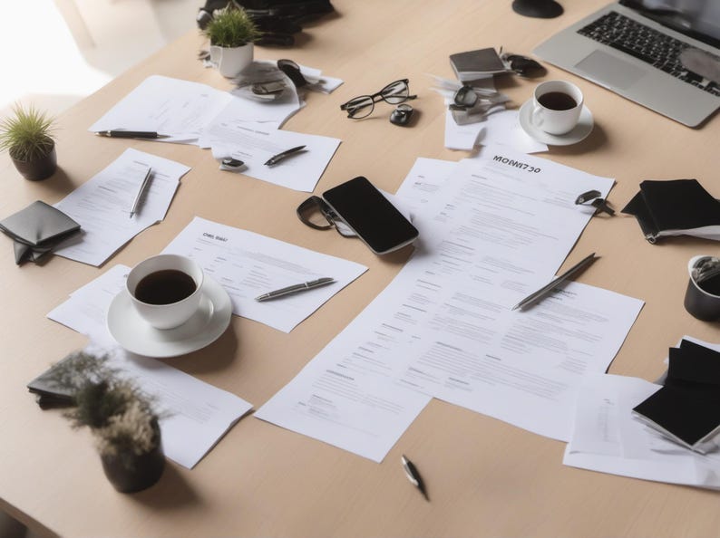 May include: A cluttered desk surface featuring multiple white documents with printed text, two white ceramic coffee cups filled with dark liquid, a black smartphone, a silver laptop, black-rimmed eyeglasses, several pens, and small potted plants.