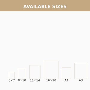 May include: A chart titled AVAILABLE SIZES displaying six rectangular outlines representing print dimensions. The sizes listed are 5x7, 8x10, 11x14, 16x20 inches, along with A4 and A3 standard paper sizes, presented in a clean, minimalist layout.