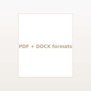 May include: A square graphic featuring a white background with a thin, light brown border. Centered in the middle of the square is the text "PDF + DOCX formats" written in a bold, light brown sans-serif font, clearly indicating the file types.
