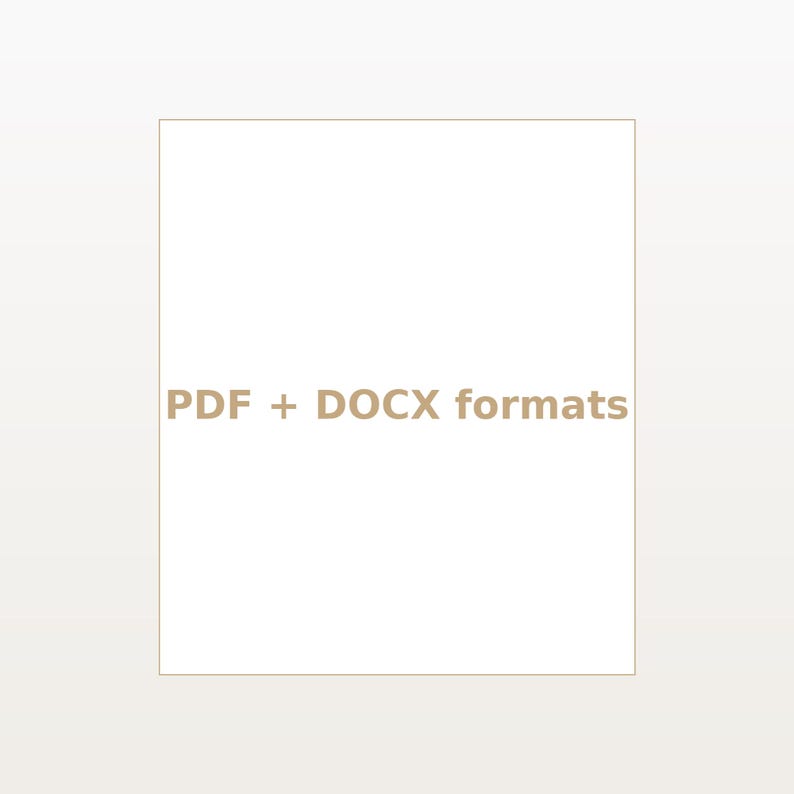 May include: A square graphic featuring a white background with a thin, light brown border. Centered in the middle of the square is the text "PDF + DOCX formats" written in a bold, light brown sans-serif font, clearly indicating the file types.