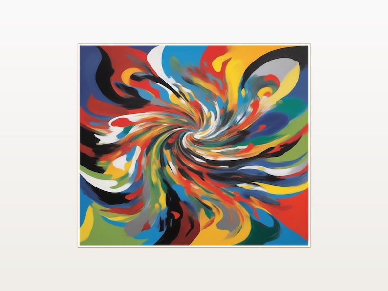 May include: A square wall art print featuring a vibrant, abstract swirl of colors including red, blue, yellow, green, black, and white. The composition radiates from a central point, creating a dynamic, fluid motion effect with bold, sweeping brushstrokes.