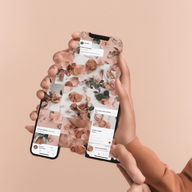 May include: A smartphone displaying a social media feed with a collage of soft, beige-toned images featuring floral elements, food, and abstract textures. The interface includes profile icons, text snippets, and navigation bars at the bottom.