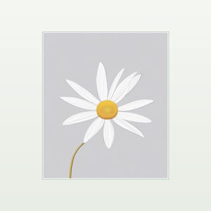 May include: A digital illustration of a single daisy flower centered on a solid light gray background. The flower features a bright yellow circular center surrounded by numerous thin, white, elongated petals and a single slender gold-colored stem.