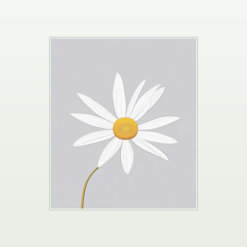 May include: A digital illustration of a single daisy flower centered on a solid light gray background. The flower features a bright yellow circular center surrounded by numerous thin, white, elongated petals and a single slender gold-colored stem.