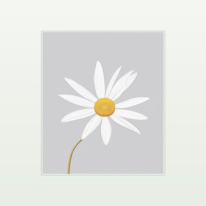 May include: A digital illustration of a single daisy flower centered on a solid light gray background. The flower features a bright yellow circular center surrounded by numerous thin, white, elongated petals and a single slender gold-colored stem.