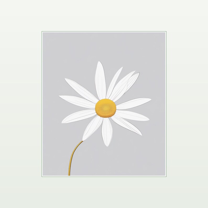 May include: A digital illustration of a single daisy flower centered on a solid light gray background. The flower features a bright yellow circular center surrounded by numerous thin, white, elongated petals and a single slender gold-colored stem.