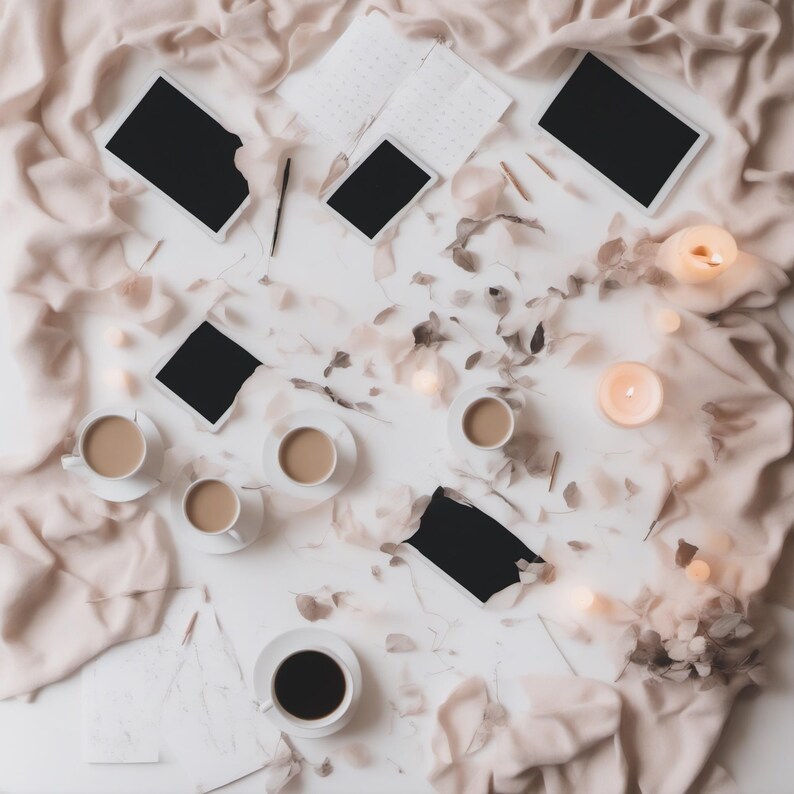 May include: A flat lay arrangement featuring four white ceramic mugs filled with coffee, several black tablets, a pen, white paper sheets, and two lit candles, all surrounded by soft beige fabric and scattered dried leaves on a white surface.