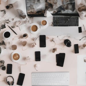May include: A top-down view of a workspace featuring a laptop, a white keyboard, multiple black smartphones, several cups of coffee, small potted green plants, a pair of black headphones, and scattered paper scraps on a light-colored surface.