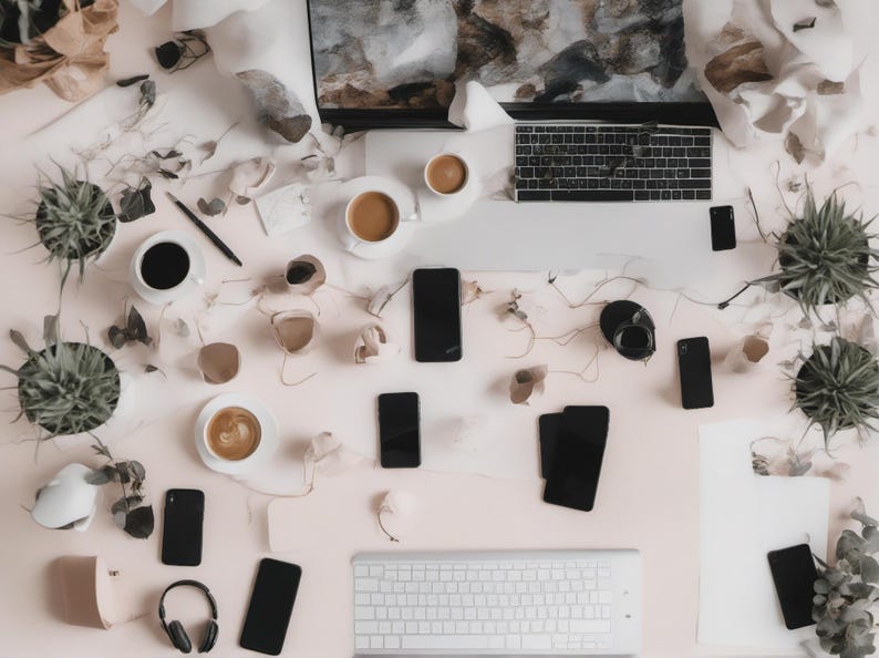 May include: A top-down view of a workspace featuring a laptop, a white keyboard, multiple black smartphones, several cups of coffee, small potted green plants, a pair of black headphones, and scattered paper scraps on a light-colored surface.