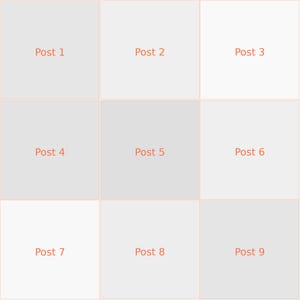 May include: A grid layout consisting of nine square sections arranged in three rows and three columns. Each square contains the word Post followed by a number from one to nine in orange text. The background squares alternate between light gray and white.